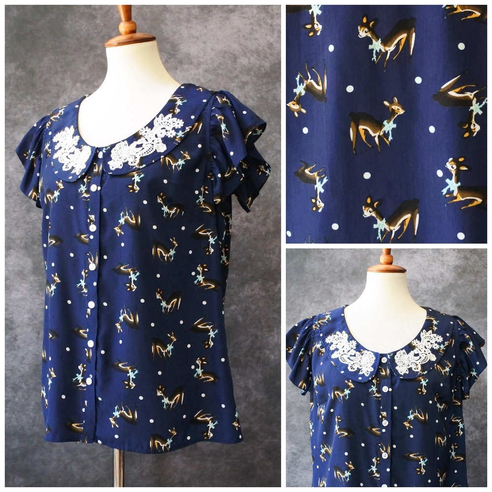 Navy Blue Blouse with Deer Print and Lace Collar
